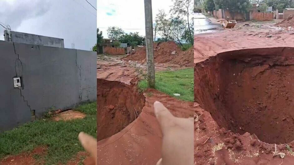Imagem de compartilhamento para o artigo Cratera se abre em rua de Água Clara após chuva e interdita via da MS Todo dia